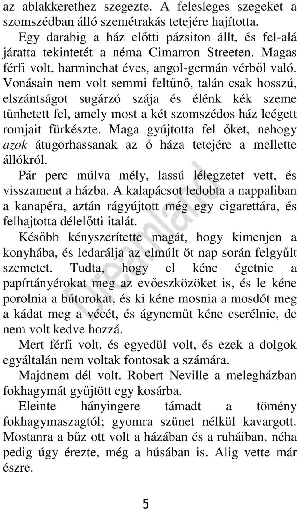 Vonásain nem volt semmi feltőnı, talán csak hosszú, elszántságot sugárzó szája és élénk kék szeme tőnhetett fel, amely most a két szomszédos ház leégett romjait fürkészte.