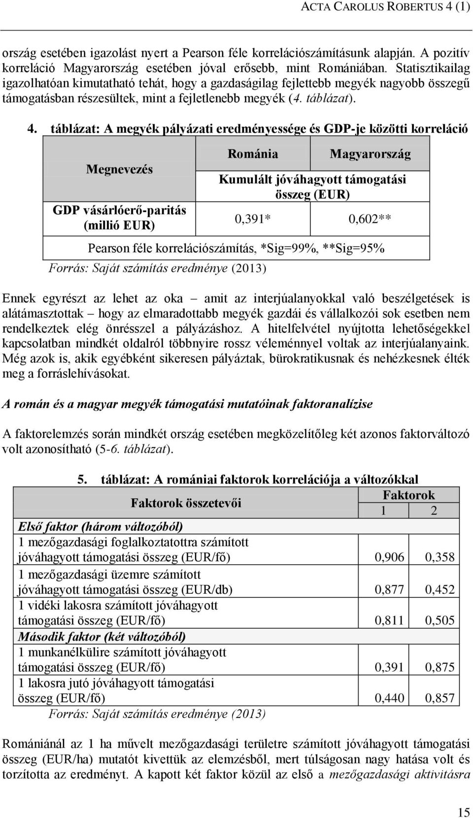 táblázat: A megyék pályázati eredményessége és GDP-je közötti korreláció Megnevezés GDP vásárlóerő-paritás (millió EUR) Románia Magyarország Kumulált jóváhagyott támogatási összeg (EUR) 0,391*