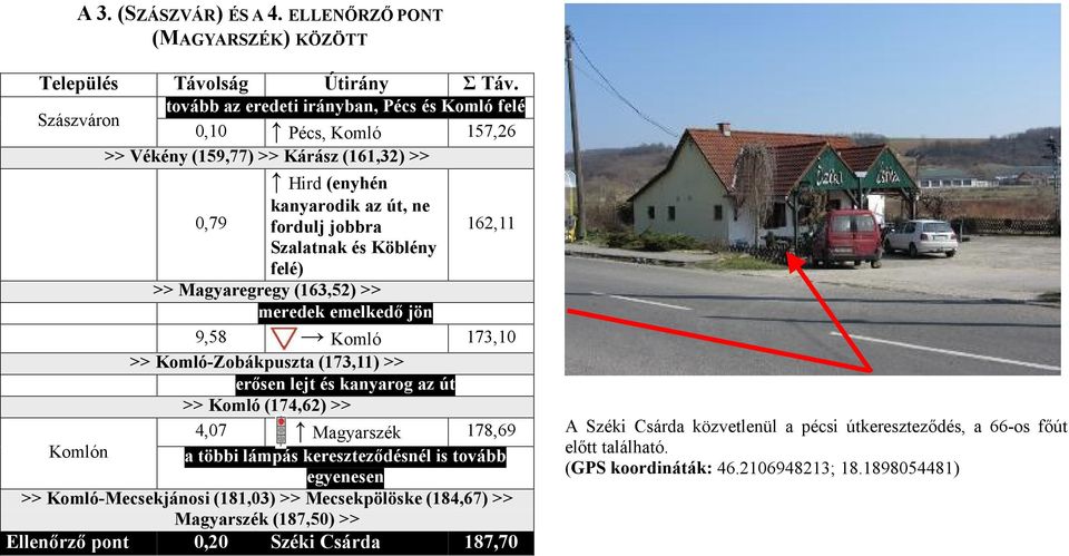 Köblény felé) >> Magyaregregy (163,52) >> meredek emelkedő jön 9,58 Komló 173,10 >> Komló-Zobákpuszta (173,11) >> erősen lejt és kanyarog az út >> Komló (174,62) >> 4,07 Magyarszék 178,69 Komlón a