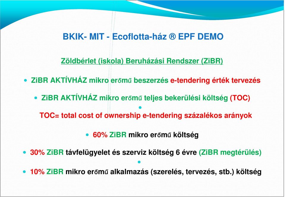 total cost of ownership e-tendering százalékos arányok 60% ZiBR mikro erőmű költség 30% ZiBR távfelügyelet