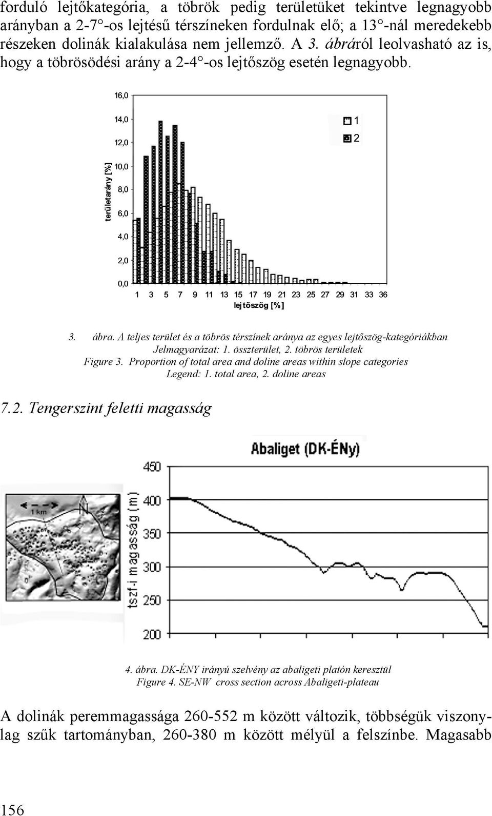 összterület, 2. töbrös területek Figure 3. Proportion of total area and doline areas within slope categories Legend: 1. total area, 2. doline areas 7.2. Tengerszint feletti magasság 4. ábra.