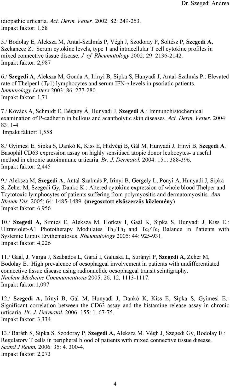 / Szegedi A, Aleksza M, Gonda A, Irinyi B, Sipka S, Hunyadi J, Antal-Szalmás P.: Elevated rate of Thelper1 (T H 1) lymphocytes and serum IFN-γ levels in psoriatic patients.