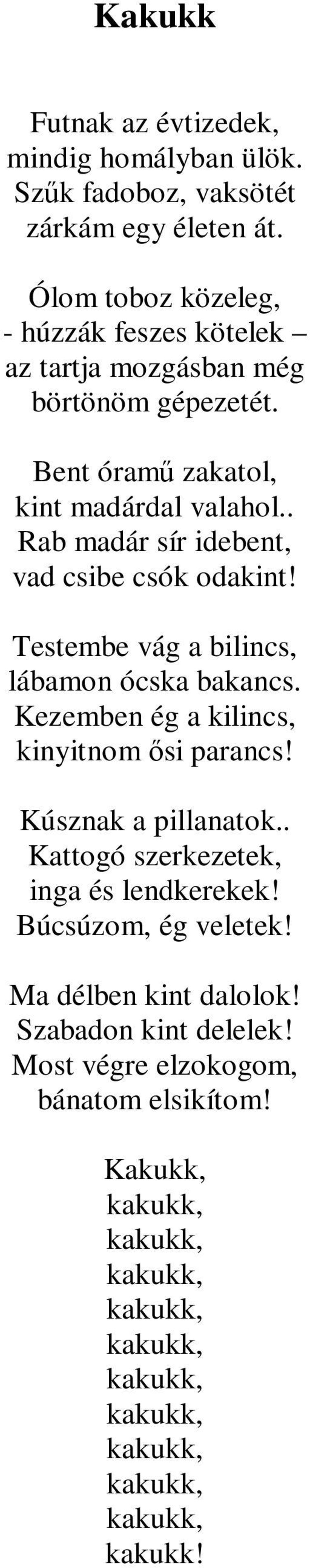 . Rab madár sír idebent, vad csibe csók odakint! Testembe vág a bilincs, lábamon ócska bakancs.