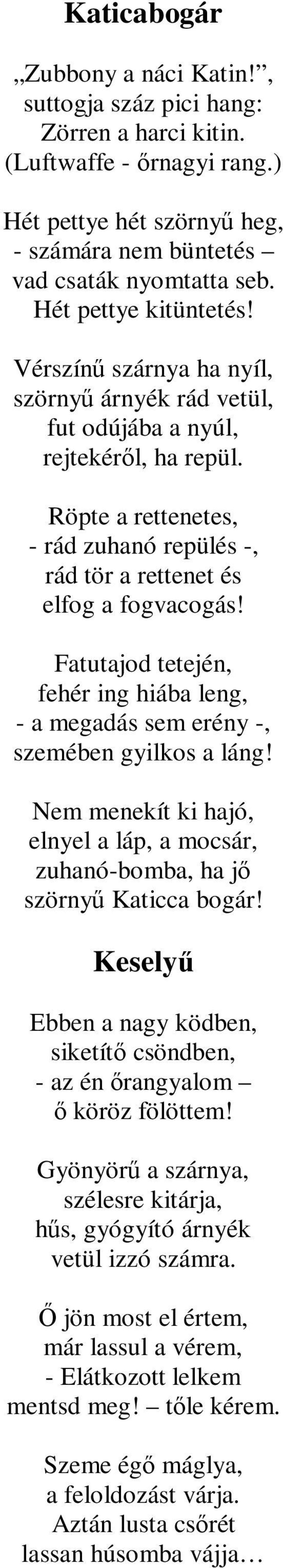 Röpte a rettenetes, - rád zuhanó repülés -, rád tör a rettenet és elfog a fogvacogás! Fatutajod tetején, fehér ing hiába leng, - a megadás sem erény -, szemében gyilkos a láng!