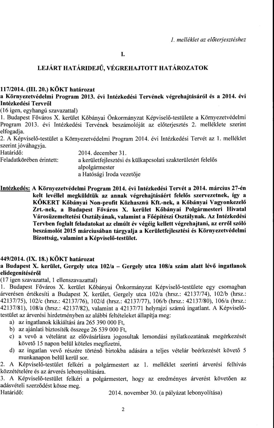 évi Intézkedési Tervének beszámolóját az előterjesztés 2. rnelléklete szerint elfogadja. 2. A Képviselő-testület a Környezetvédelmi Program 2014. évi Intézkedési Tervét az l.