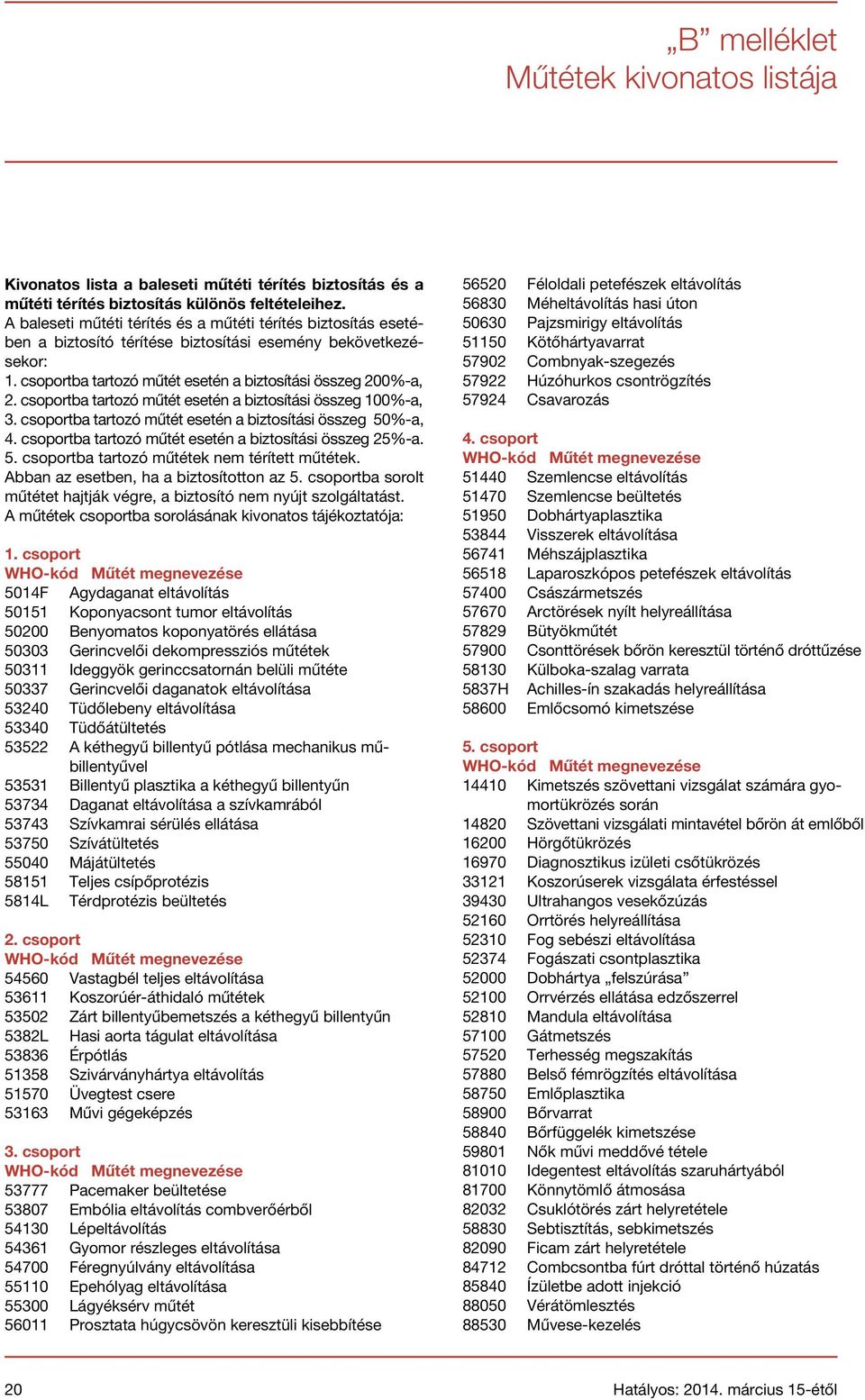 csoportba tartozó műtét esetén a biztosítási összeg 100%-a, 3. csoportba tartozó műtét esetén a biztosítási összeg 50%-a, 4. csoportba tartozó műtét esetén a biztosítási összeg 25%-a. 5. csoportba tartozó műtétek nem térített műtétek.