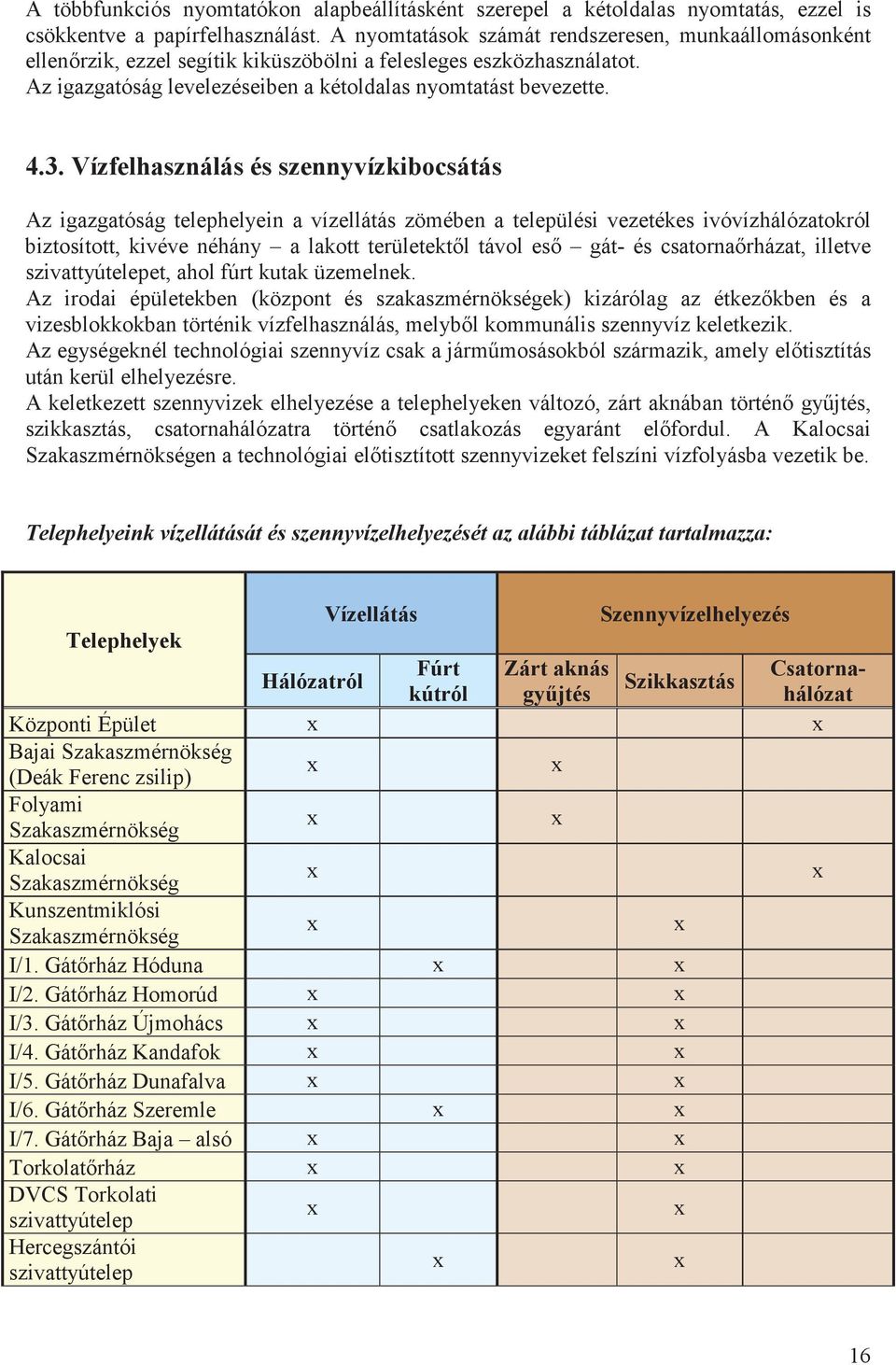 Vízfelhasználás és szennyvízkibocsátás Az igazgatóság telephelyein a vízellátás zömében a települési vezetékes ivóvízhálózatokról biztosított, kivéve néhány a lakott területektl távol es gát- és