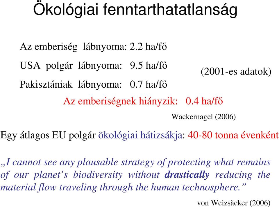 4 ha/fı (2001-es adatok) Wackernagel (2006) Egy átlagos EU polgár ökológiai hátizsákja: 40-80 tonna évenként I