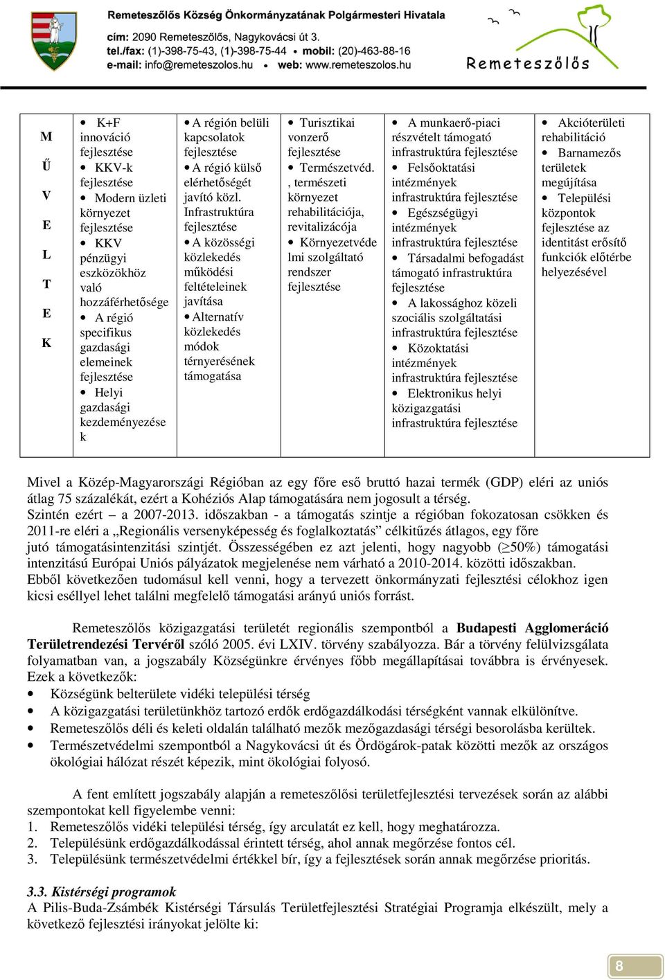 Infrastruktúra A közösségi közlekedés mőködési feltételeinek javítása Alternatív közlekedés módok térnyerésének támogatása Turisztikai vonzerı Természetvéd.