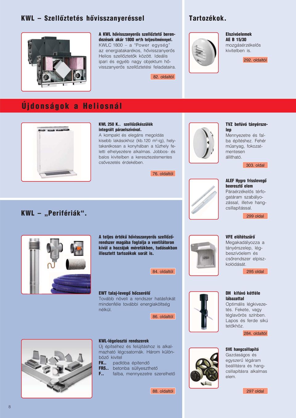 Elszívóelemek AE B 15/30 mozgásérzékelős kivitelben is. 292. oldaltól 82. oldaltól Újdonságok a Heliosnál KWL Perifériák. KWL 250 K.. szellőzőkészülék integrált páraelszívóval.