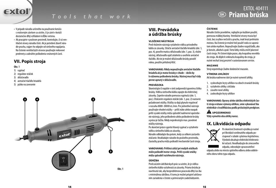 Na čistenie ventilačných otvorov používajte nekovové predmety a zabráňte poškodeniu vnútorných častí. VII. Popis stroja Obr.