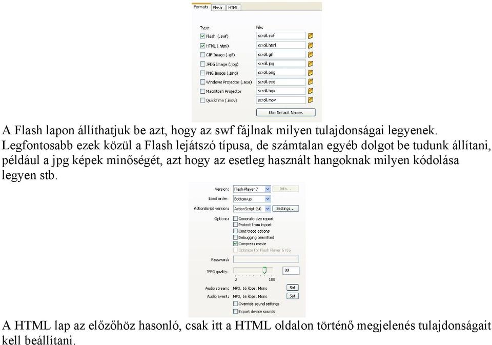 például a jpg képek minőségét, azt hogy az esetleg használt hangoknak milyen kódolása legyen