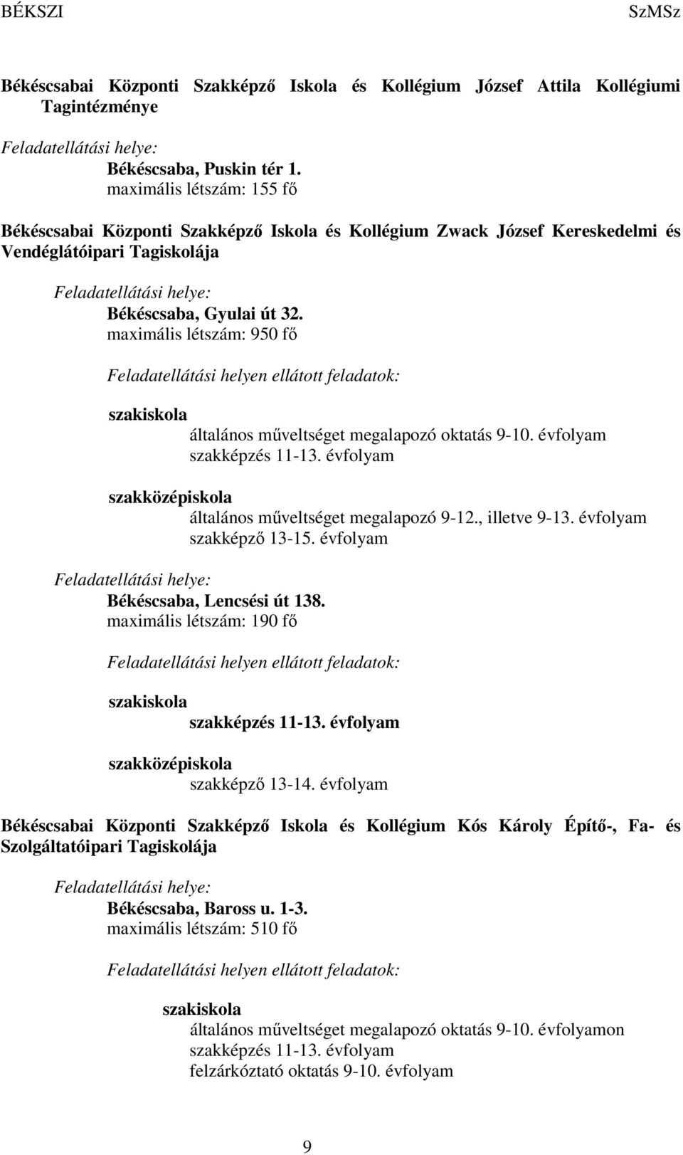 maximális létszám: 950 fő Feladatellátási helyen ellátott feladatok: szakiskola általános műveltséget megalapozó oktatás 9-10. évfolyam szakképzés 11-13.