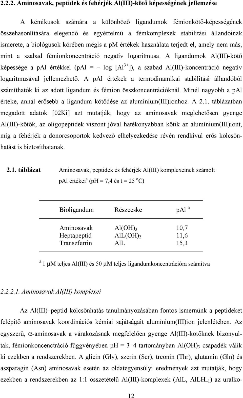 A ligandumok Al(III)-kötő képessége a pal értékkel (pal = log [Al 3+ ]), a szabad Al(III)-koncentráció negatív logaritmusával jellemezhető.