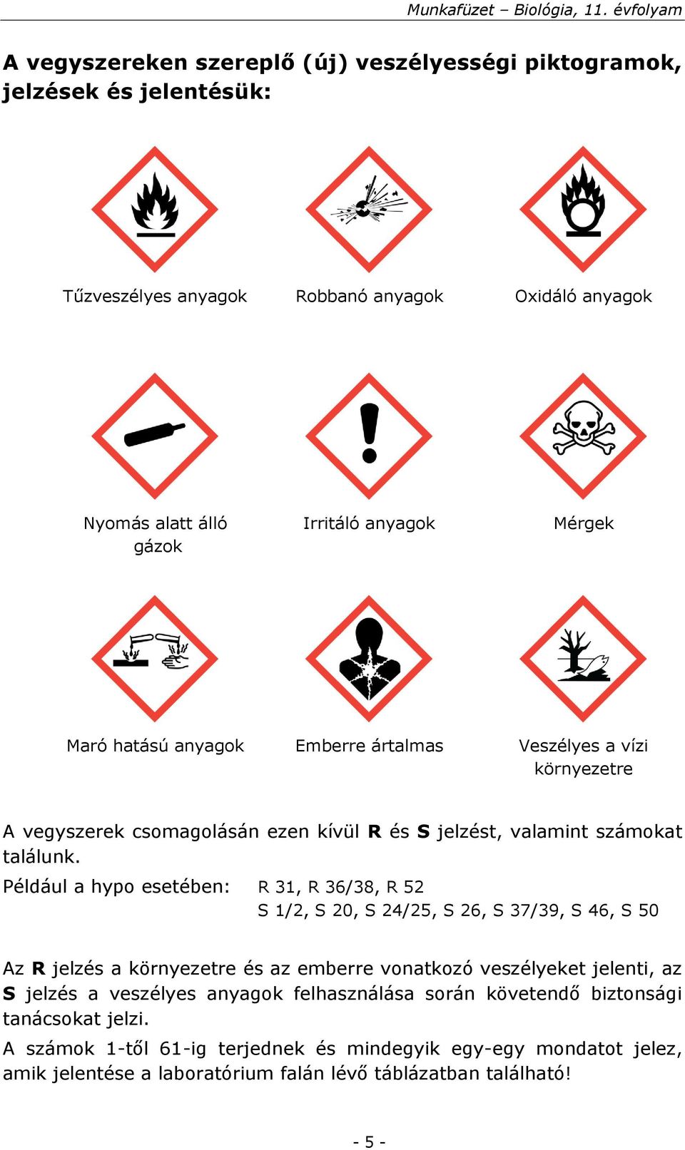 Például a hypo esetében: R 31, R 36/38, R 52 S 1/2, S 20, S 24/25, S 26, S 37/39, S 46, S 50 Az R jelzés a környezetre és az emberre vonatkozó veszélyeket jelenti, az S jelzés a