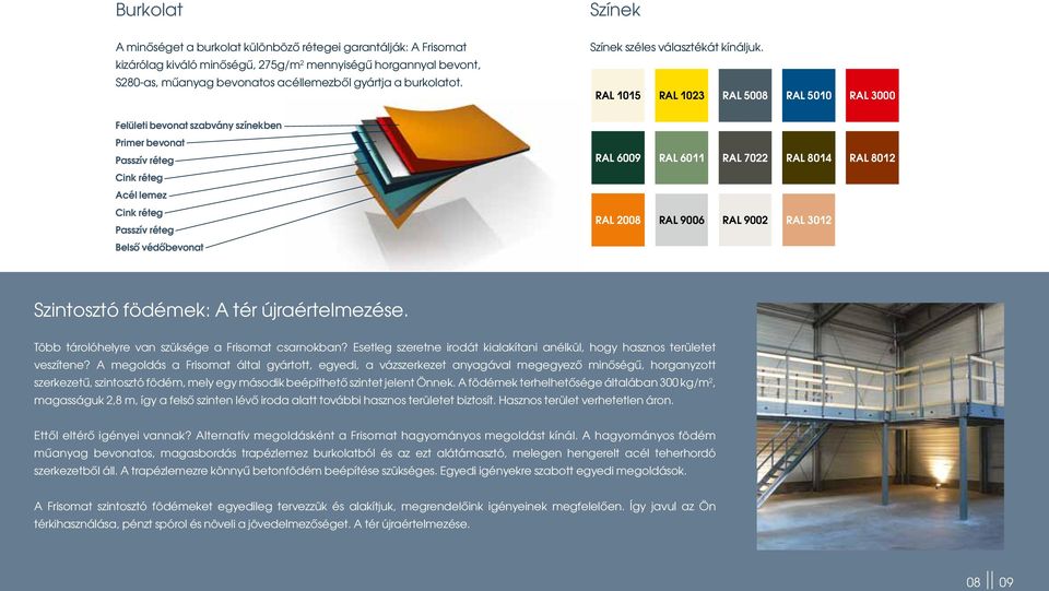 RAL 1015 RAL 1023 RAL 5008 RAL 5010 RAL 3000 Felületi bevonat szabvány színekben Primer bevonat Passzív réteg Cink réteg Acél lemez Cink réteg Passzív réteg Belső védőbevonat RAL 6009 RAL 6011 RAL