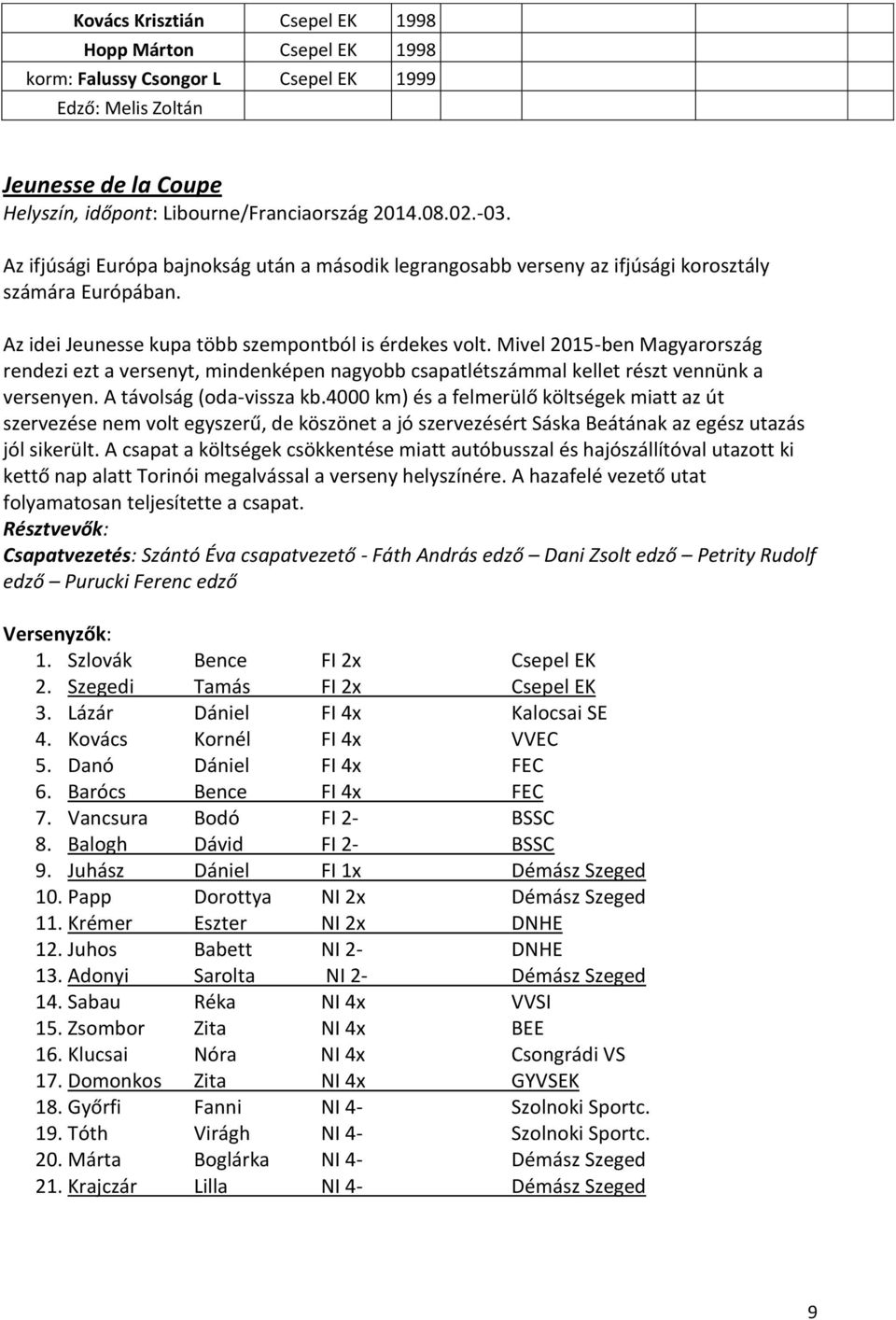 Mivel 2015-ben Magyarország rendezi ezt a versenyt, mindenképen nagyobb csapatlétszámmal kellet részt vennünk a versenyen. A távolság (oda-vissza kb.