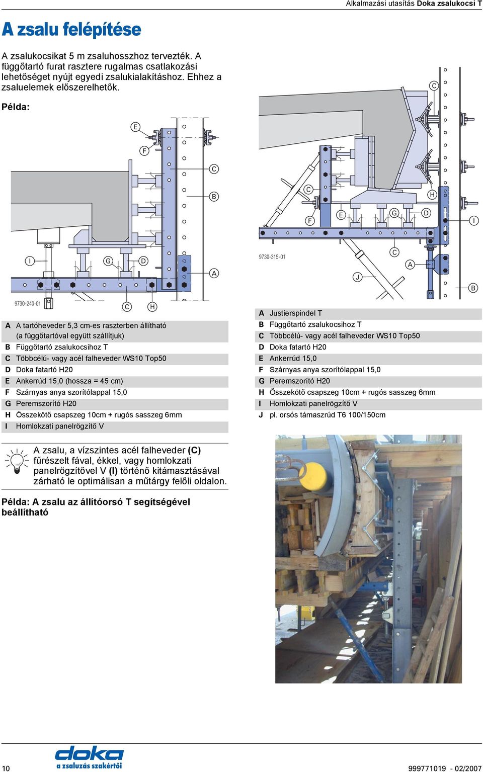 Példa: E F H F E G D I I G D 9730-315-01 J tartóheveder 5,3 cm-es raszterben állítható (a függőtartóval együtt szállítjuk) Függőtartó zsalukocsihoz T Többcélú- vagy acél falheveder WS10 Top50 D Doka