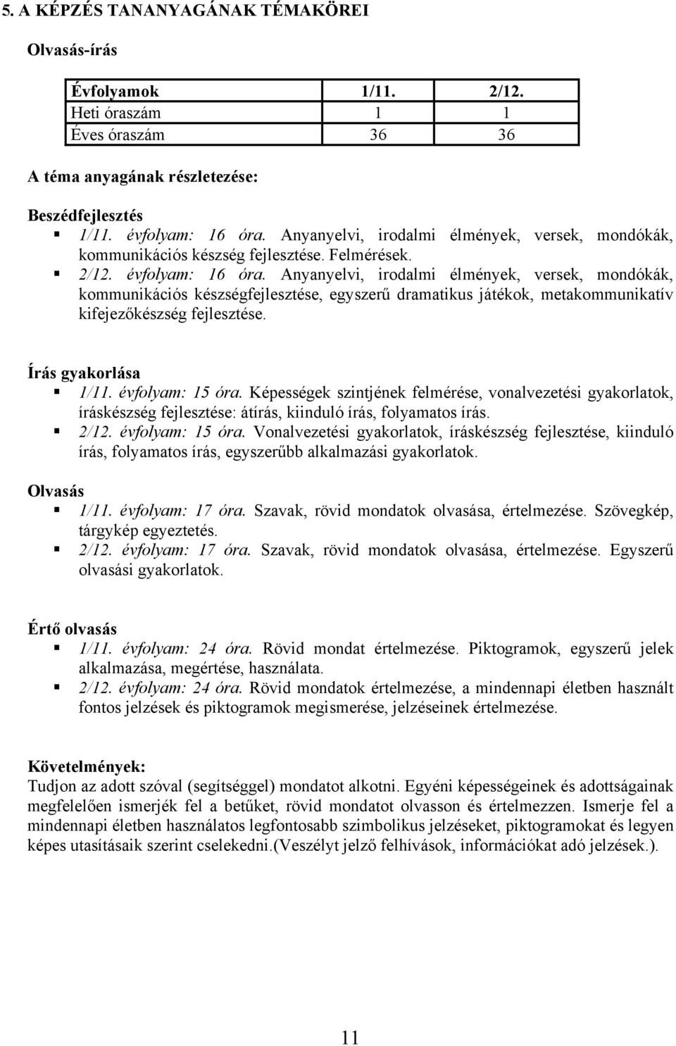 Anyanyelvi, irodalmi élmények, versek, mondókák, kommunikációs készségfejlesztése, egyszerű dramatikus játékok, metakommunikatív kifejezőkészség fejlesztése. Írás gyakorlása 1/11. évfolyam: 15 óra.