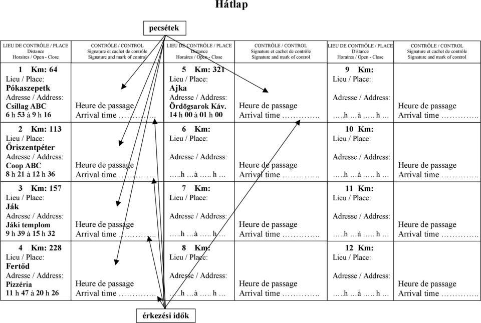 contrôle Signature and mark of control 1 Km: 64 Pókaszepetk Csillag ABC 6 h 53 à 9 h 16 5 Km: 321 Ajka Ördögsarok Káv. 14 h 00 à 01 h 00 9 Km:..h à.