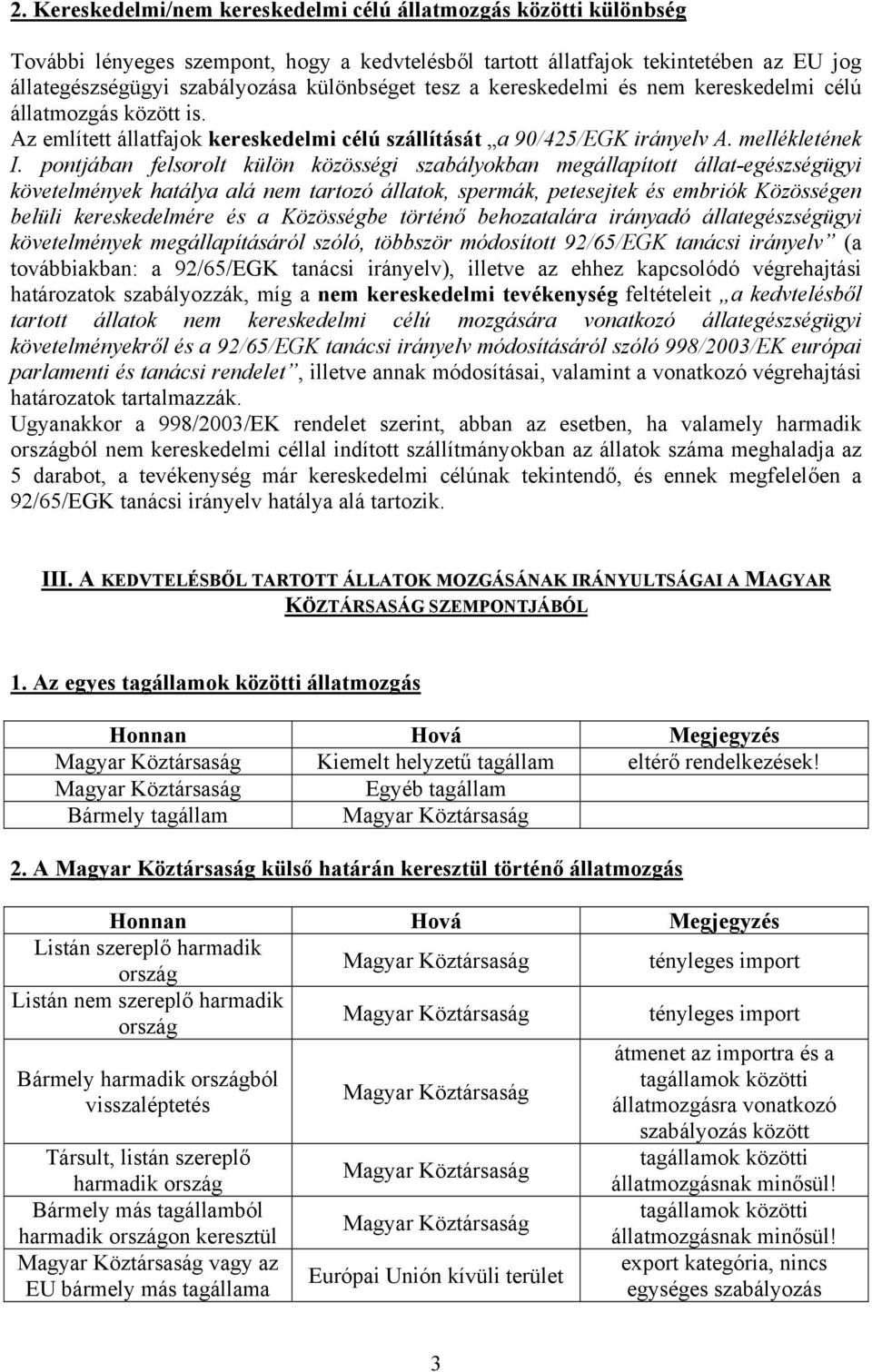pontjában felsorolt külön közösségi szabályokban megállapított állat-egészségügyi követelmények hatálya alá nem tartozó állatok, spermák, petesejtek és embriók Közösségen belüli kereskedelmére és a