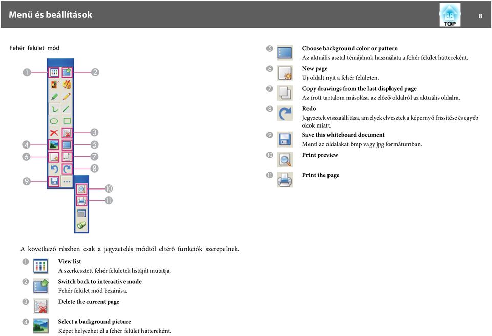 Save this whiteboard document Menti az oldalakat bmp vagy jpg formátumban. Print preview K Print the page A következő részben csak a jegyzetelés módtól eltérő funkciók szerepelnek.