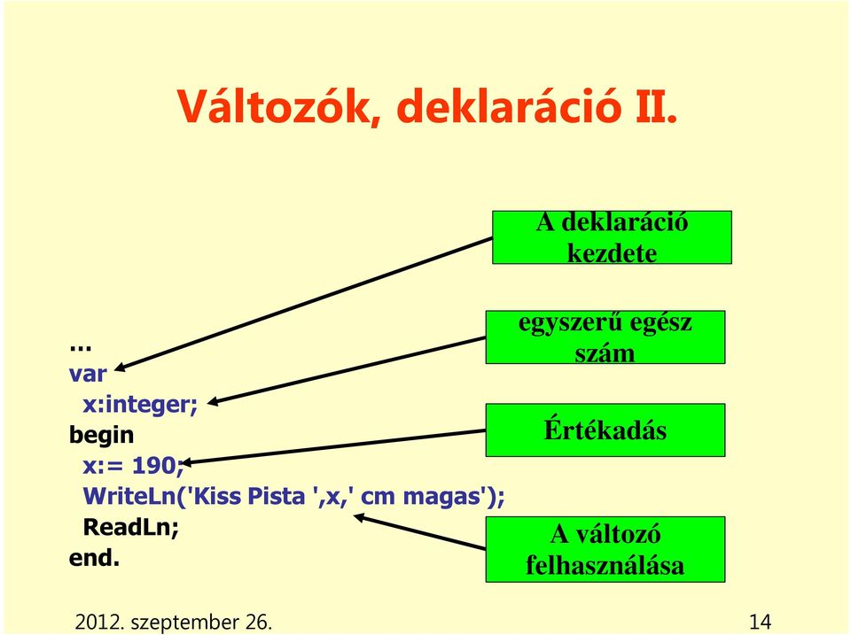 WriteLn('Kiss Pista ',x,' cm magas'); ReadLn; end.