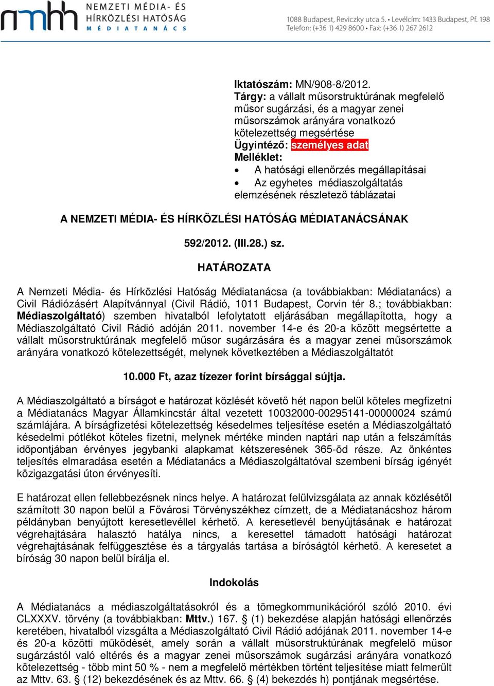 megállapításai Az egyhetes médiaszolgáltatás elemzésének részletező táblázatai A NEMZETI MÉDIA- ÉS HÍRKÖZLÉSI HATÓSÁG MÉDIATANÁCSÁNAK 592/2012. (III.28.) sz.