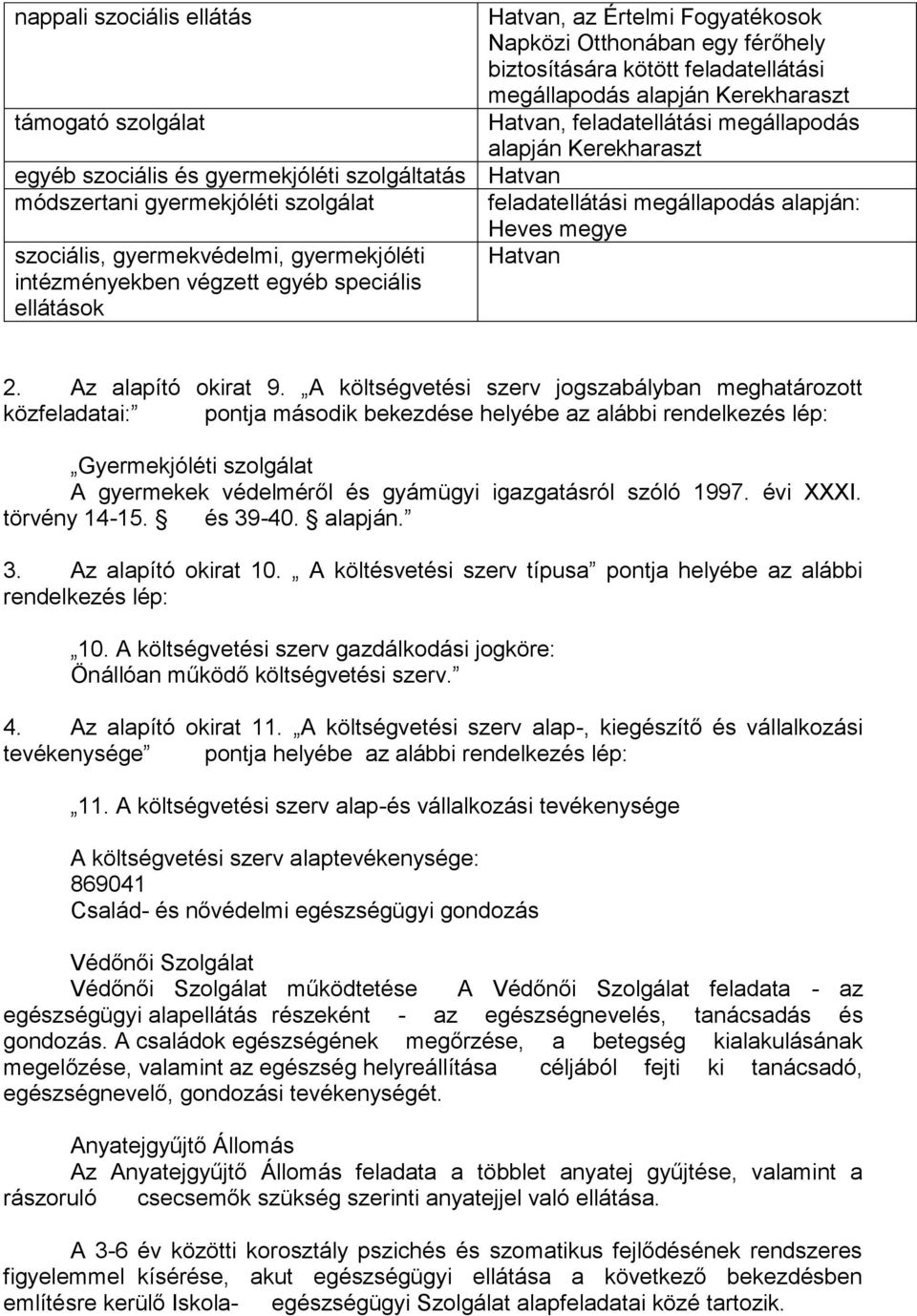 gyermekvédelmi, gyermekjóléti intézményekben végzett egyéb speciális ellátások Heves megye Hatvan 2. Az alapító okirat 9.