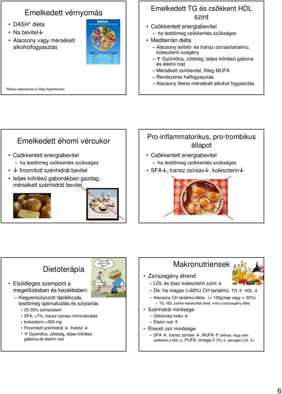 MUFA Rendszeres halfogyasztás Alacsony illetve mérsékelt alkohol fogyasztás Emelkedett éhomi vércukor Csökkentett energiabevitel ha testtömeg csökkentés szükséges finomított szénhidrát bevitel teljes