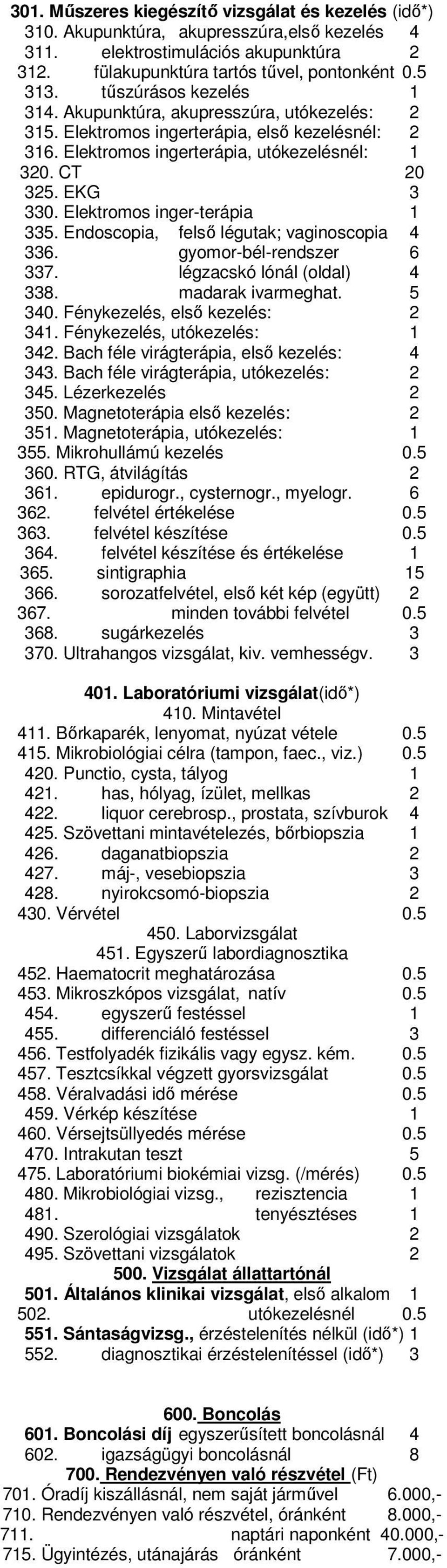 Elektromos inger-terápia 1 335. Endoscopia, felső légutak; vaginoscopia 4 336. gyomor-bél-rendszer 6 337. légzacskó lónál (oldal) 4 338. madarak ivarmeghat. 5 340. Fénykezelés, első kezelés: 2 341.