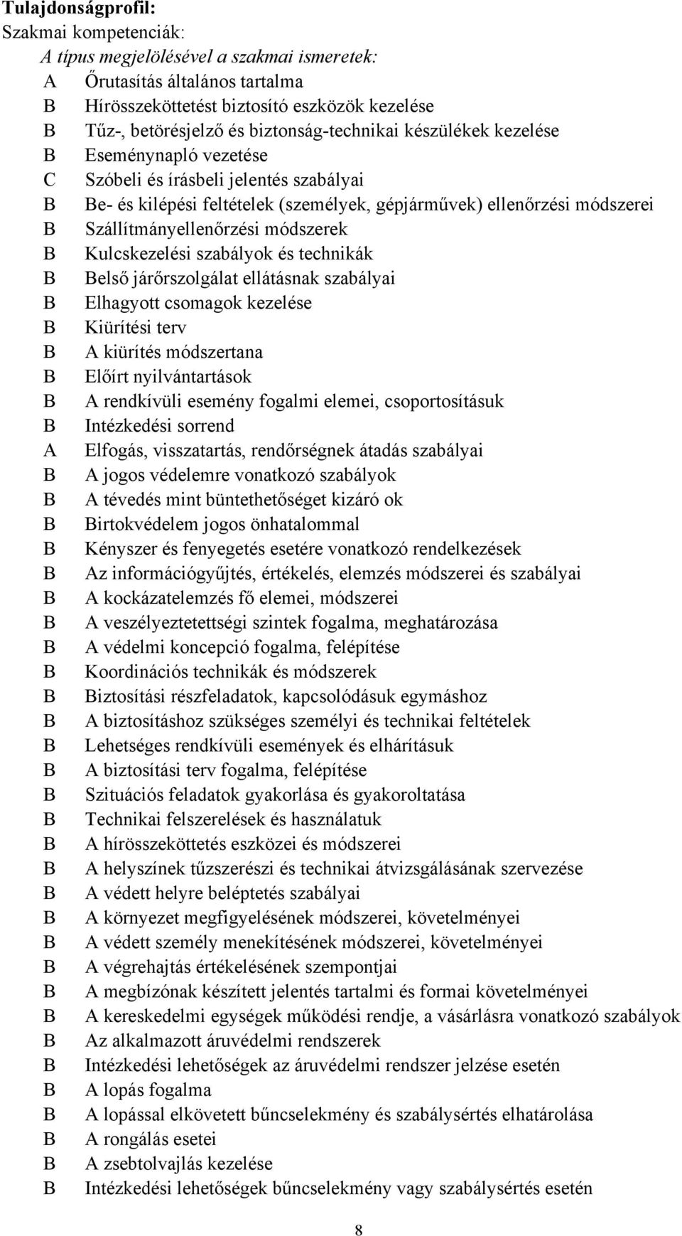 Szállítmányellenőrzési módszerek B Kulcskezelési szabályok és technikák B Belső járőrszolgálat ellátásnak szabályai B Elhagyott csomagok kezelése B Kiürítési terv B A kiürítés módszertana B Előírt