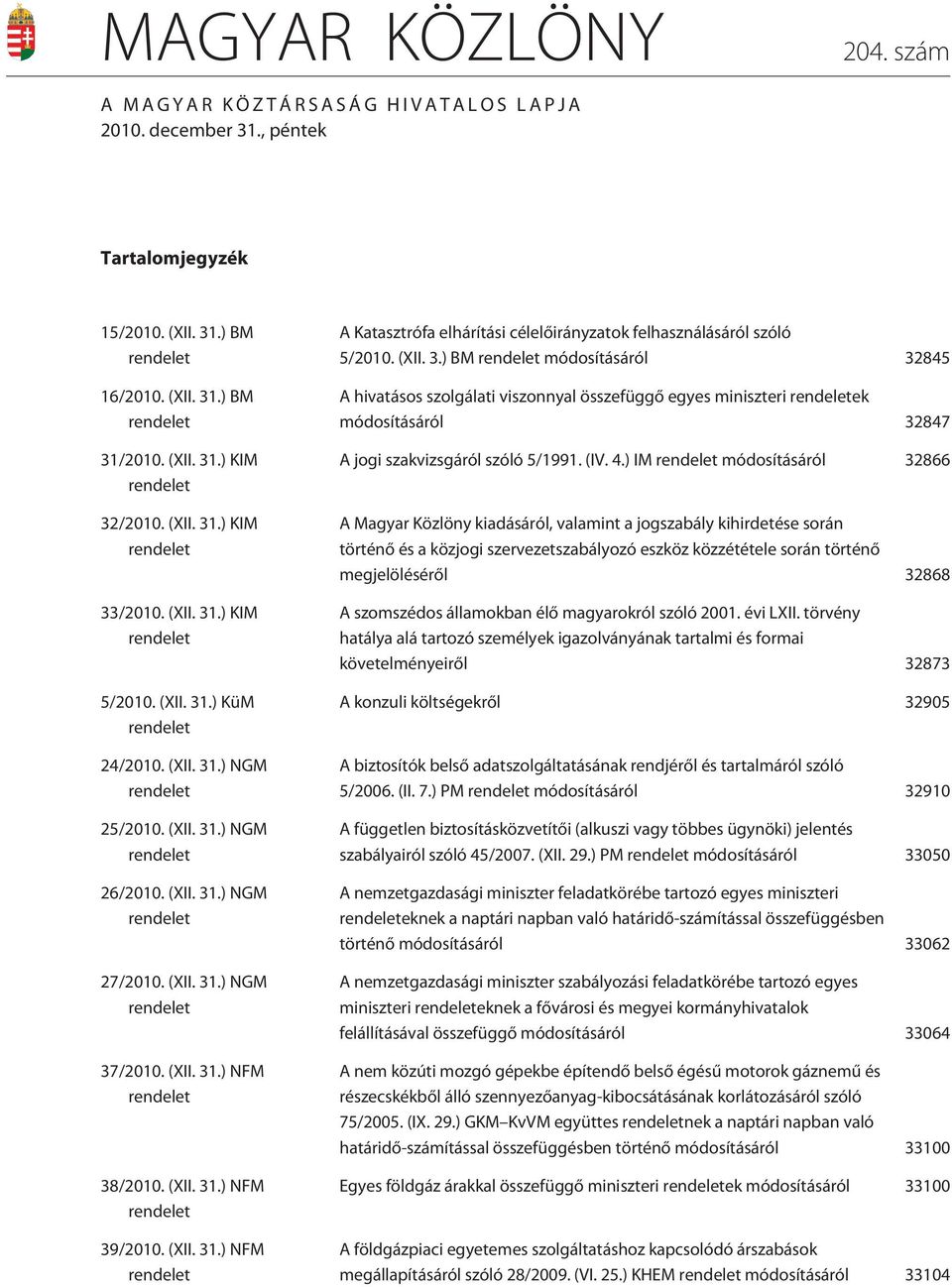 (XII. 31.) NGM rendelet 37/2010. (XII. 31.) NFM rendelet 38/2010. (XII. 31.) NFM rendelet 39/2010. (XII. 31.) NFM rendelet A Katasztrófa elhárítási célelõirányzatok felhasználásáról szóló 5/2010.