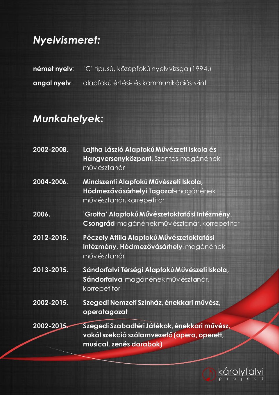 Mindszenti Alapfokú Művészeti Iskola, Hódmezővásárhelyi Tagozat-magánének műv észtanár, korrepetitor 2006.