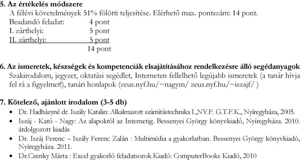 hu/~nagym/ zeus.nyf.hu/~iszajf/ ) Dr. Hadházyné dr. Iszály Katalin: Alkalmazott számítástechnika I.,NY.F. G.T.F.K., Nyíregyháza, 2005. Iszáj - Kató - Nagy: Az alapoktól az Internetig.