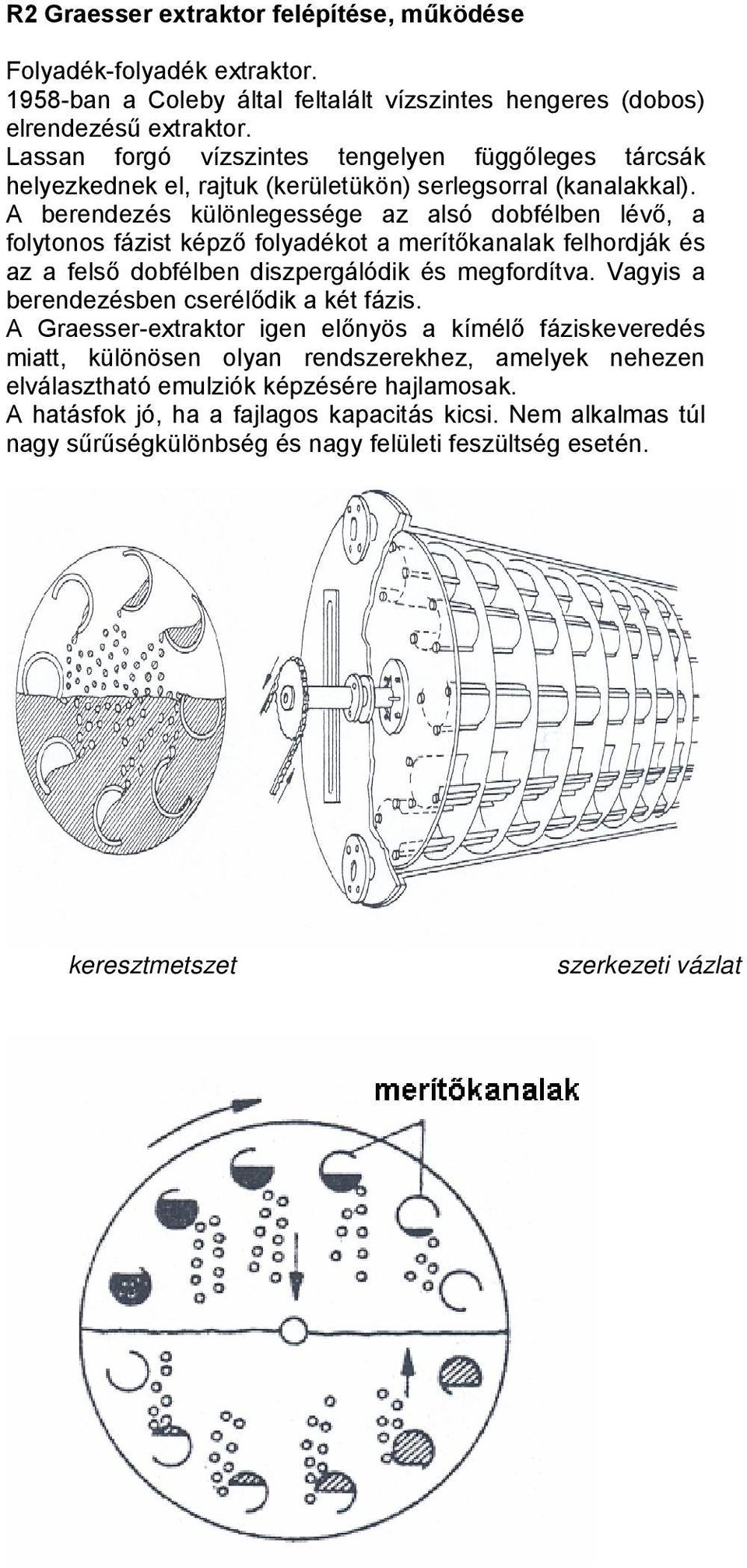 A berendezés különlegessége az alsó dobfélben lévő, a folytonos fázist képző folyadékot a merítőkanalak felhordják és az a felső dobfélben diszpergálódik és megfordítva.