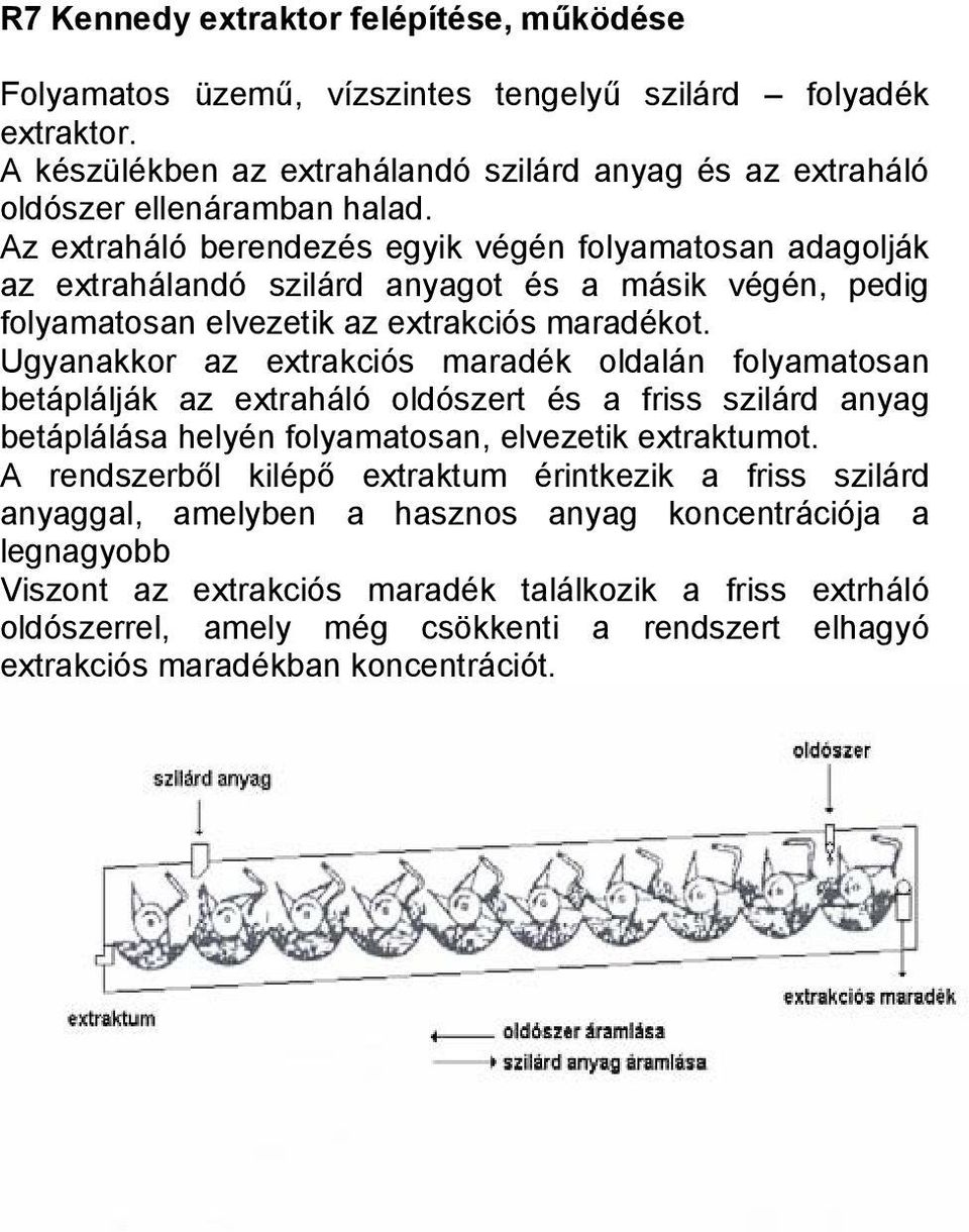 Ugyanakkor az extrakciós maradék oldalán folyamatosan betáplálják az extraháló oldószert és a friss szilárd anyag betáplálása helyén folyamatosan, elvezetik extraktumot.