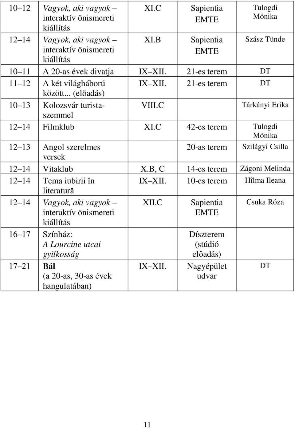 .. (előadás) 10 13 Kolozsvár turistaszemmel VIII.C Tárkányi Erika 12 14 Filmklub XI.C 42-es terem Tulogdi Mónika 12 13 Angol szerelmes 20-as terem Szilágyi Csilla versek 12 14 Vitaklub X.