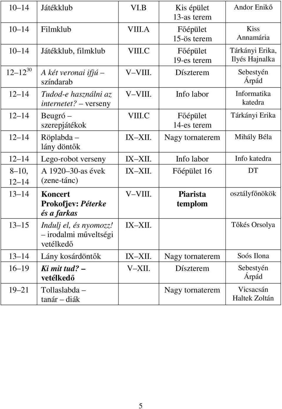 verseny 12 14 Beugró szerepjátékok 12 14 Röplabda lány döntők Andor Enikő Kiss Annamária Tárkányi Erika, Ilyés Hajnalka V VIII. Díszterem Sebestyén Árpád V VIII. Info labor Informatika katedra VIII.