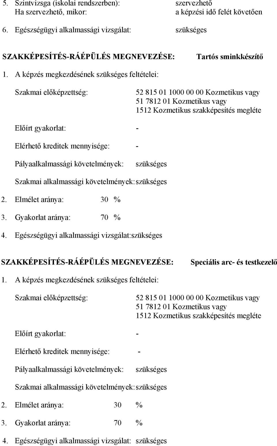 képzés megkezdésének szükséges feltételei: Szakmai előképzettség: 52 815 01 1000 00 00 Kozmetikus vagy 51 7812 01 Kozmetikus vagy 1512 Kozmetikus szakképesítés megléte Előírt gyakorlat: - Elérhető