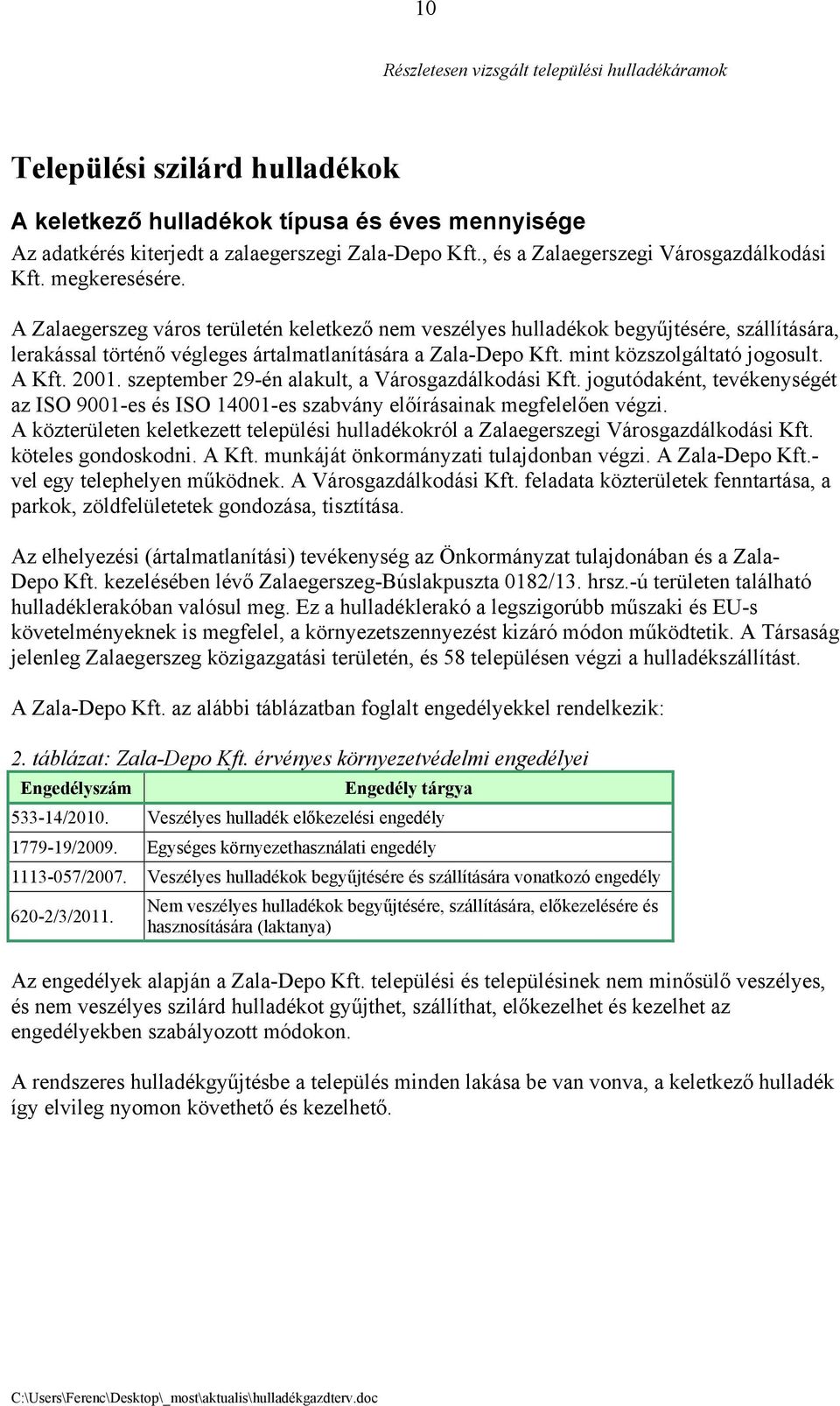 A Zalaegerszeg város területén keletkező nem veszélyes hulladékok begyűjtésére, szállítására, lerakással történő végleges ártalmatlanítására a Zala-Depo Kft. mint közszolgáltató jogosult. A Kft. 2001.