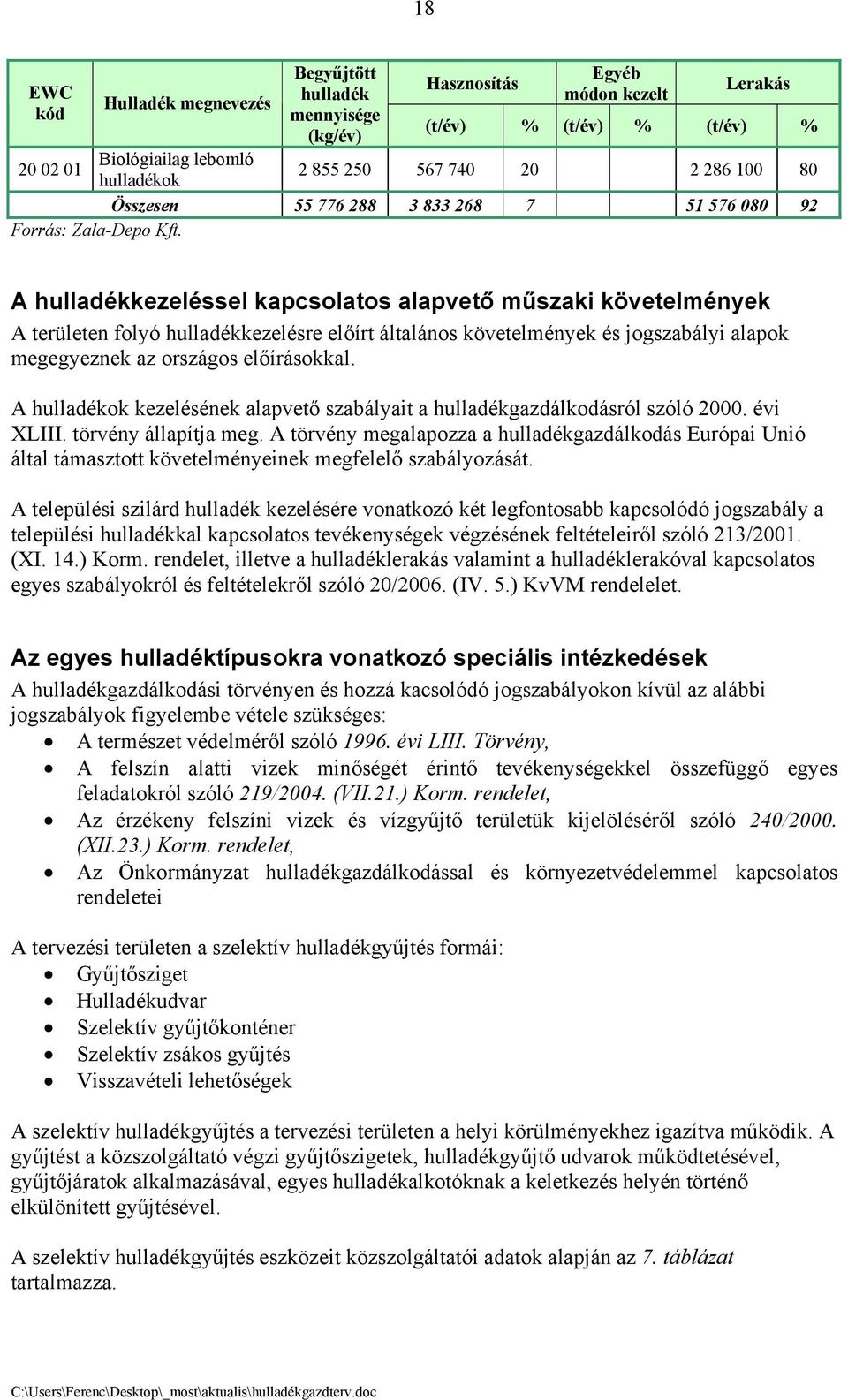 A hulladékkezeléssel kapcsolatos alapvető műszaki követelmények A területen folyó hulladékkezelésre előírt általános követelmények és jogszabályi alapok megegyeznek az országos előírásokkal.