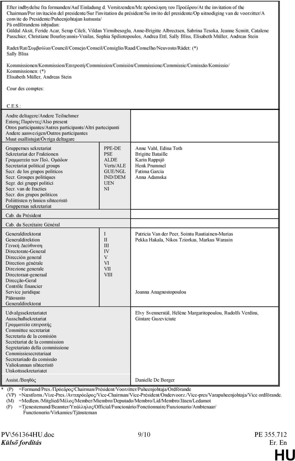 convite do Presidente/Puheenjohtajan kutsusta/ På ordförandens inbjudan: Güldal Aksit, Feride Acar, Serap Cileli, Vildan Yirmibesoglu, Anne-Brigitte Albrectsen, Sabrina Tesoka, Jeanne Scmitt,