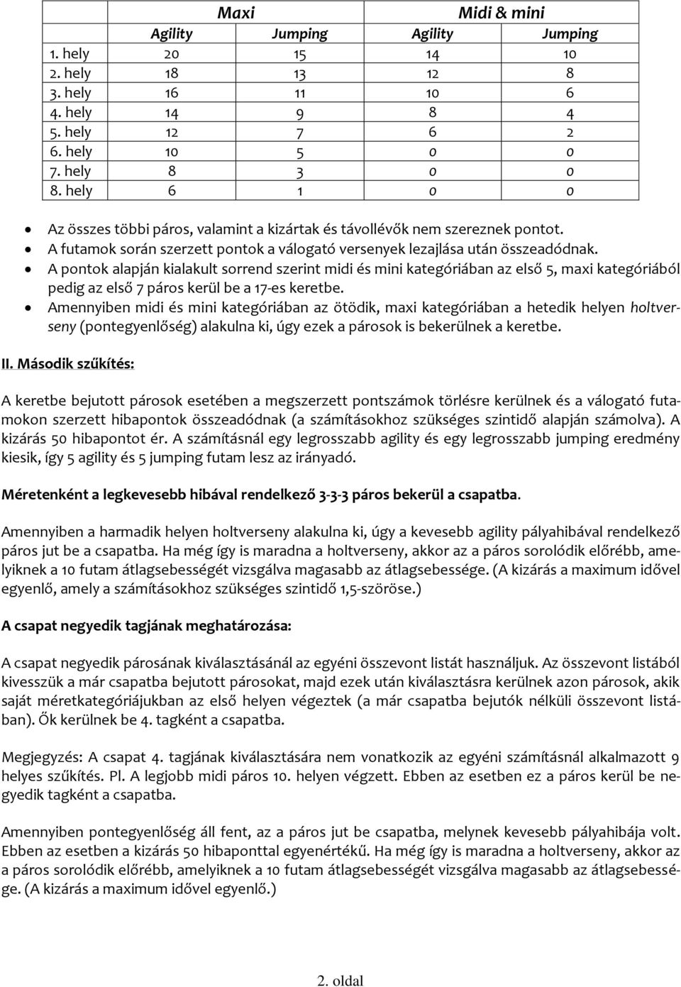 A pontok alapján kialakult sorrend szerint midi és mini kategóriában az első 5, maxi kategóriából pedig az első 7 páros kerül be a 17-es keretbe.