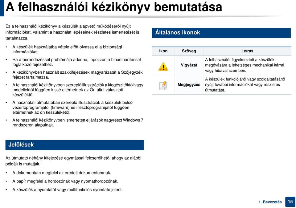 2 Általános ikonok Ikon Szöveg Leírás Ha a berendezéssel problémája adódna, lapozzon a hibaelhárítással foglalkozó fejezethez.