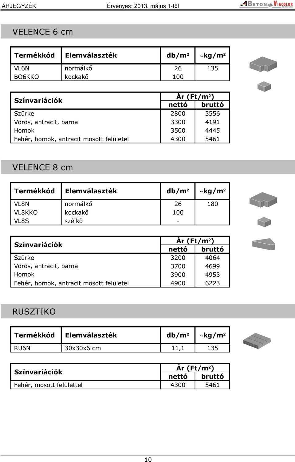 kockakő 100 VL8S szélkő - 3200 4064 Vörös, antracit, barna 3700 4699 Homok 3900 4953 Fehér, homok,