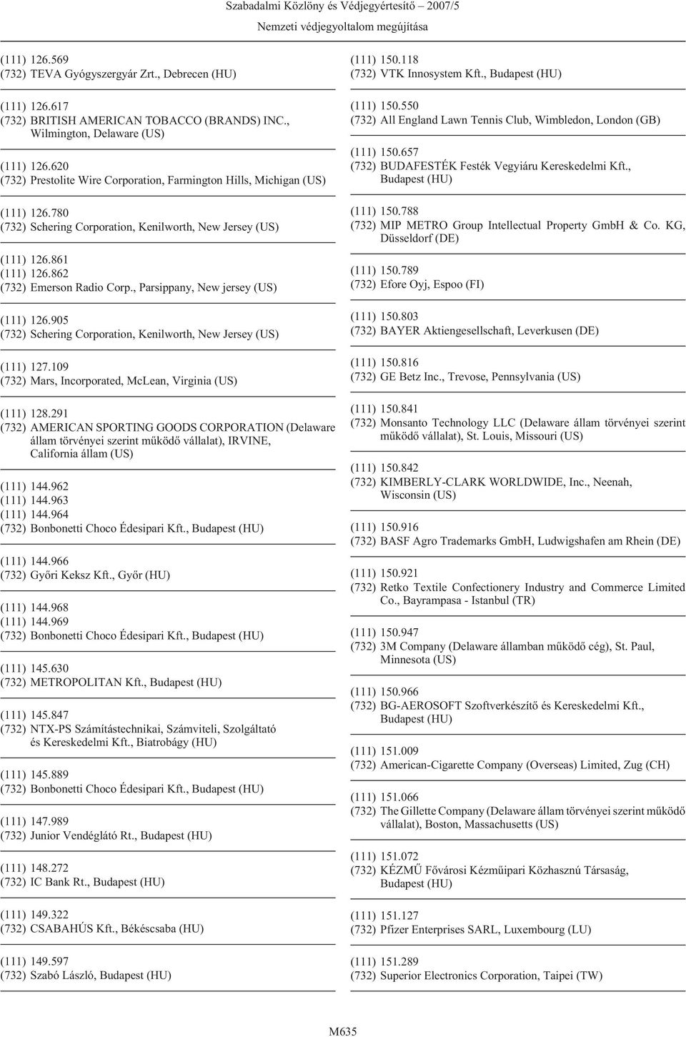 109 (732) Mars, Incorporated, McLean, Virginia (US) (111) 128.291 (732) AMERICAN SPORTING GOODS CORPORATION (Delaware állam törvényei szerint mûködõ vállalat), IRVINE, California állam (US) (111) 144.