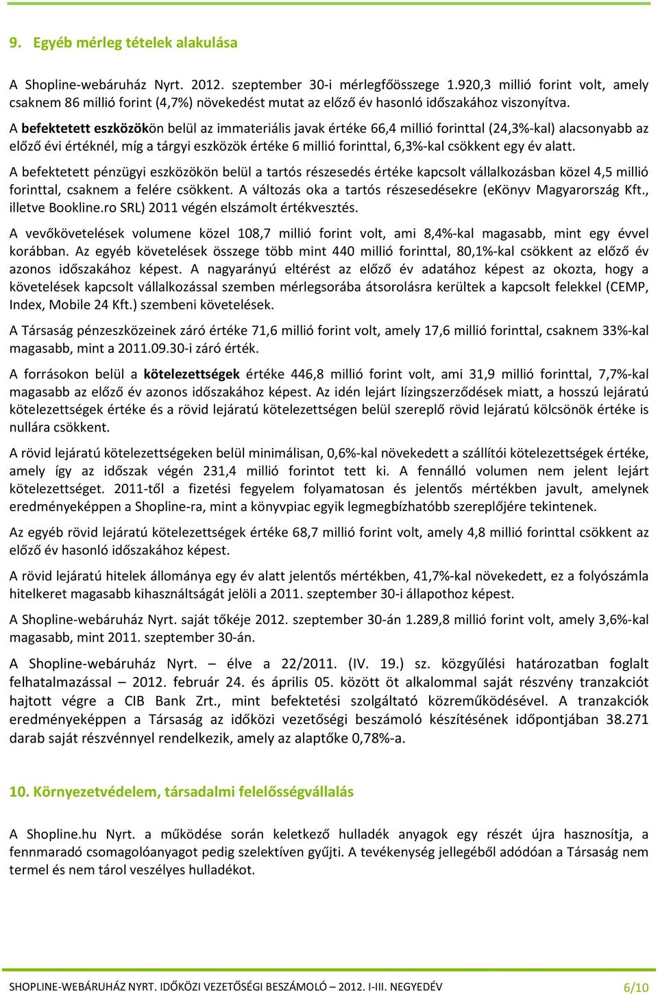 A befektetett eszközökön belül az immateriális javak értéke 66,4 millió forinttal (24,3%-kal) alacsonyabb az előző évi értéknél, míg a tárgyi eszközök értéke 6 millió forinttal, 6,3%-kal csökkent egy