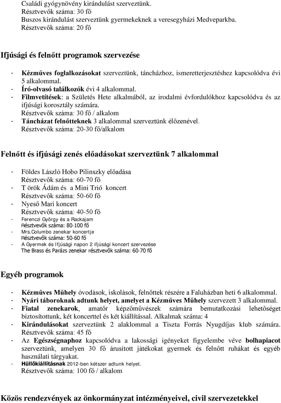 - Író-olvasó találkozók évi 4 alkalommal. - Filmvetítések: a Születés Hete alkalmából, az irodalmi évfordulókhoz kapcsolódva és az ifjúsági korosztály számára.