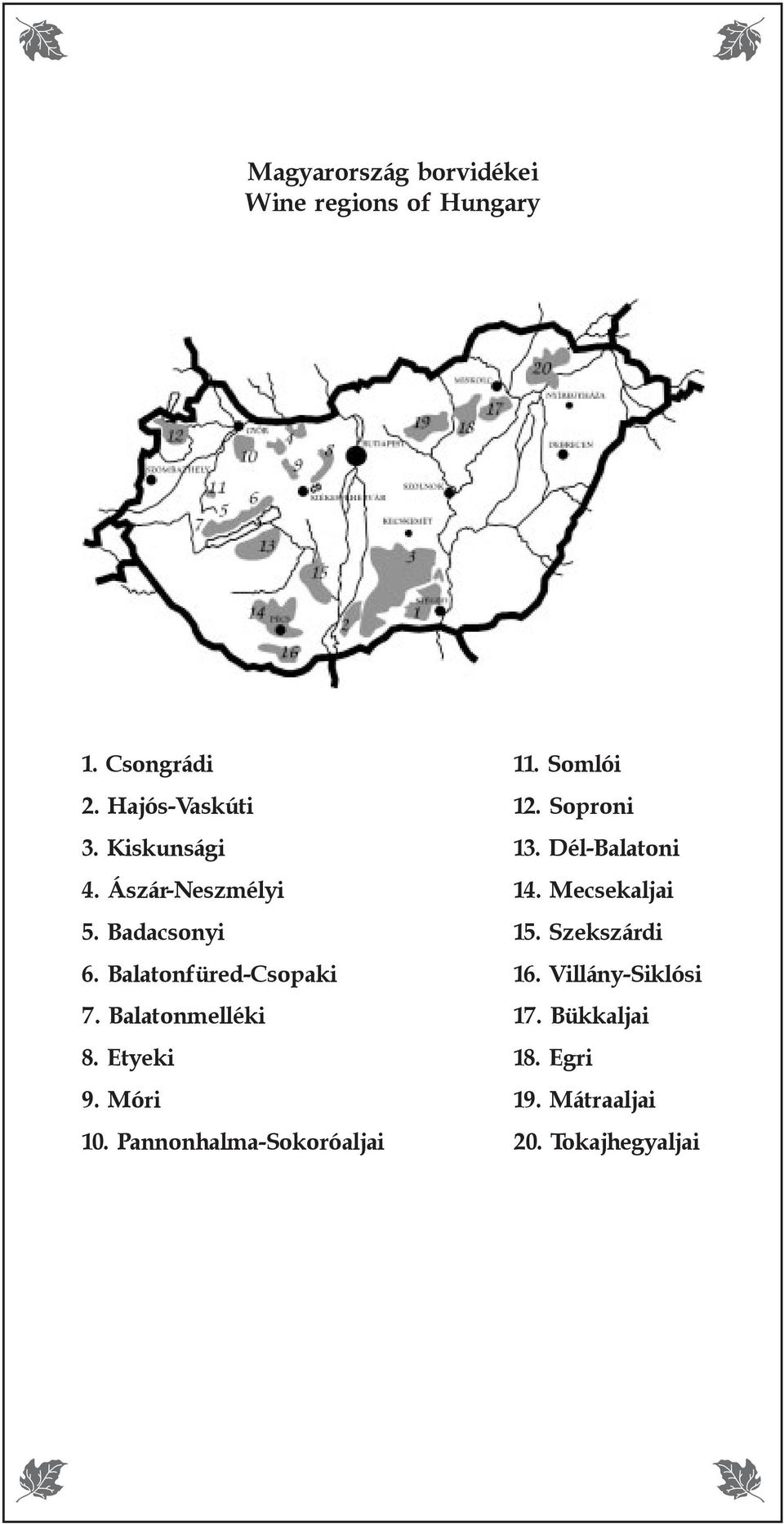 Etyeki 9. Móri 10. Pannonhalma-Sokoróaljai 11. Somlói 12. Soproni 13. Dél-Balatoni 14.